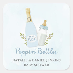 Boy Poppin Bottles Baby Shower Blue Quadratischer Aufkleber