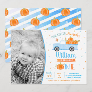 Boy Pumpkin Blue Truck Erster Geburtstag Einladung