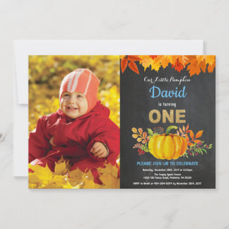 Boy Pumpkin Fall First Birthday Gold Chalkboard Einladung