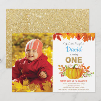 Boy Pumpkin Fall First Birthday Gold Glitzer Einladung