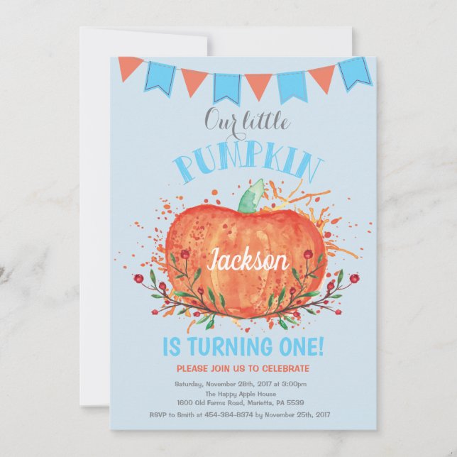 Boy Pumpkin Geburtstag Einladung Orange und Blau (Vorderseite)