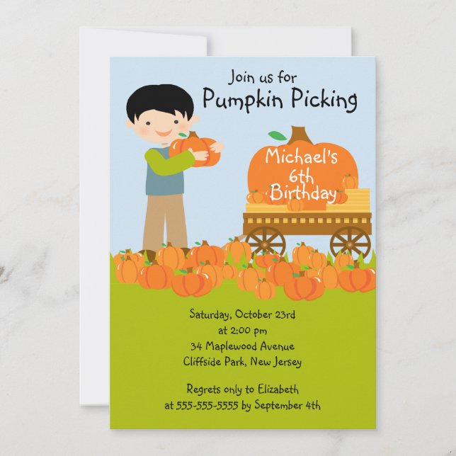 Boy Pumpkin Picking Geburtstagsparty Einladungen (Vorderseite)
