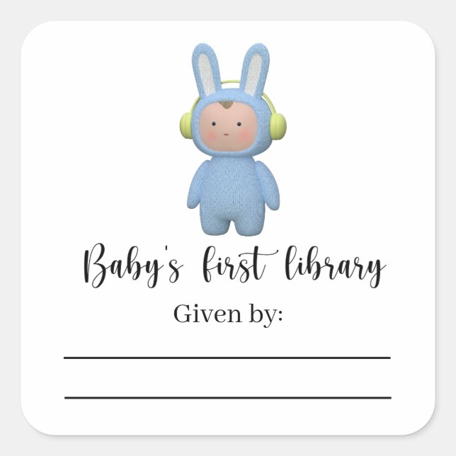 Boy rabbit - Baby Shower bookplate, books for baby Quadratischer Aufkleber (Vorderseite)