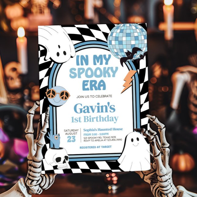 Boy Retro Ghost Halloween Geburtstag Einladung (Blue Retro Ghost Halloween In My Spooky Era Birthday Invitation)