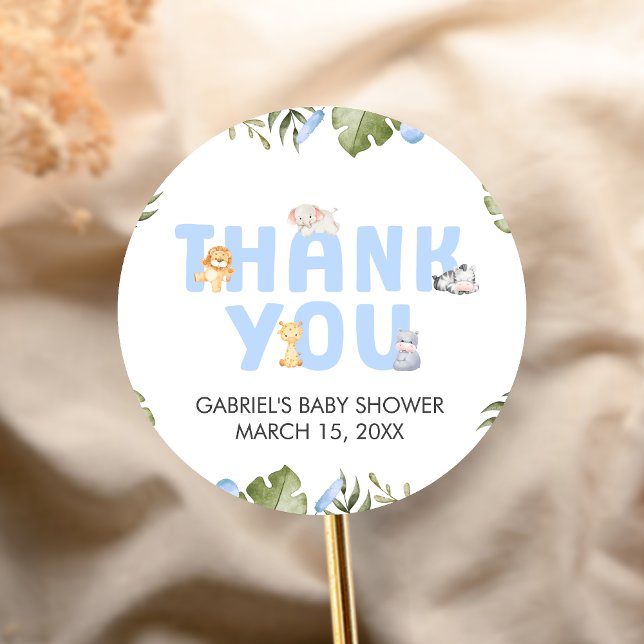Boy Safari Animal Baby Shower  Runder Aufkleber (Safari Jungle Animals Baby Shower Sticker)