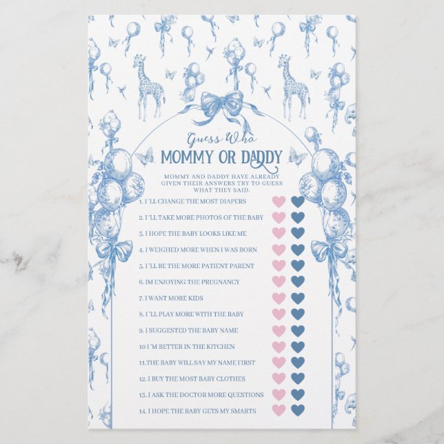 Boy Safari Animal Blue Baby Dusche Mama Vater Game (Vorderseite)