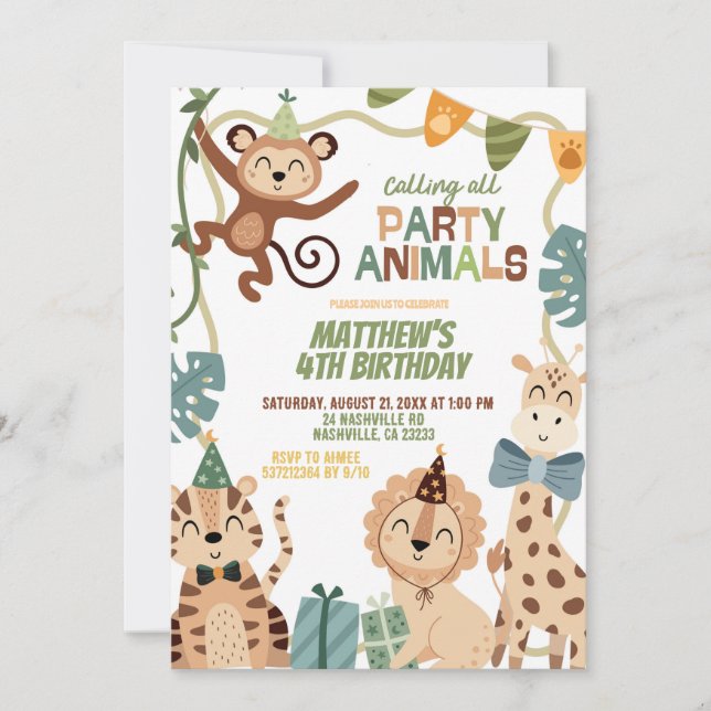 Boy Safari Birthday party animals invitation Einladung (Vorderseite)