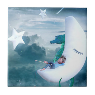 Boy & Seepferd Fischen auf dem Mond Fliese
