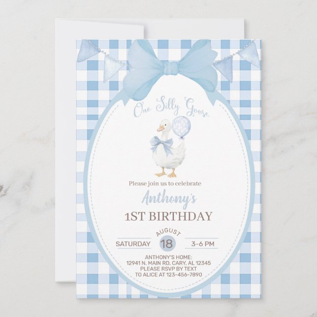 Boy Silly Goose 1st first birthday invite, goose. Einladung (Vorderseite)