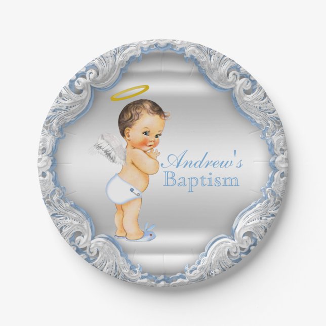 Boy Silver Blue Angel Baptisse Pappteller (Vorderseite)