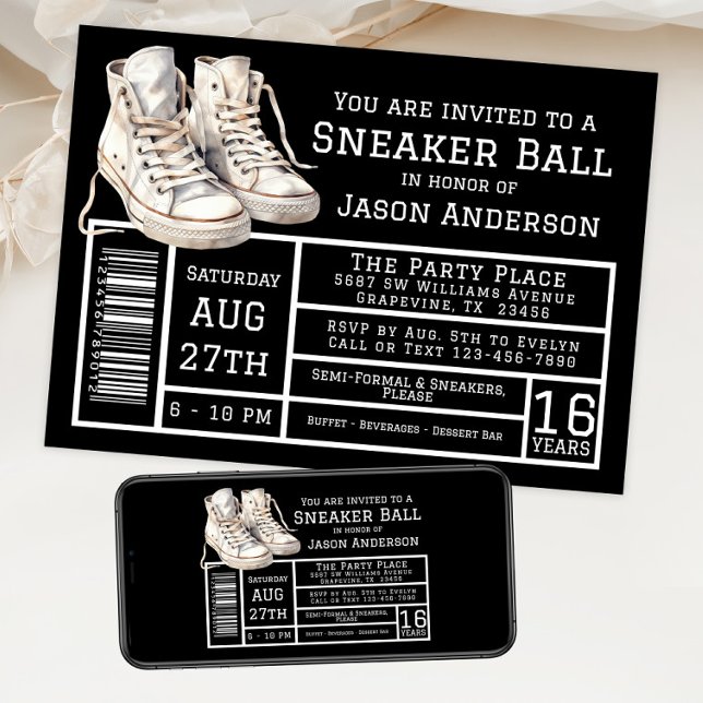Boy Sneaker Ball Geburtstagsparty Einladung (Sneaker ball invitation with hightop sneakers shoe box label style. For instant download and print.)