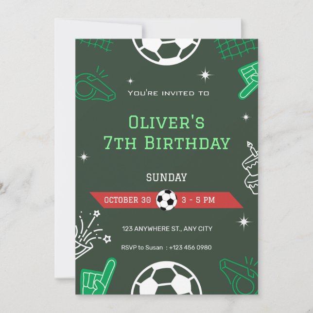 Boy Soccer Sports Birthday 7th Birthday Invitation Einladung (Vorderseite)