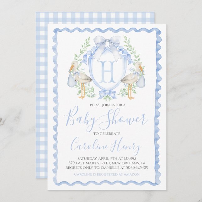 Boy Stork Baby Shower Preppy Gingham Blue Einladung (Vorne/Hinten)