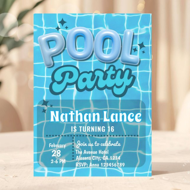 Boy Summer Blue Pool Birthday Party Einladung (pool party invitation, summer birthday invite, teen birthday invitation, sweet 16 pool party, blue w)