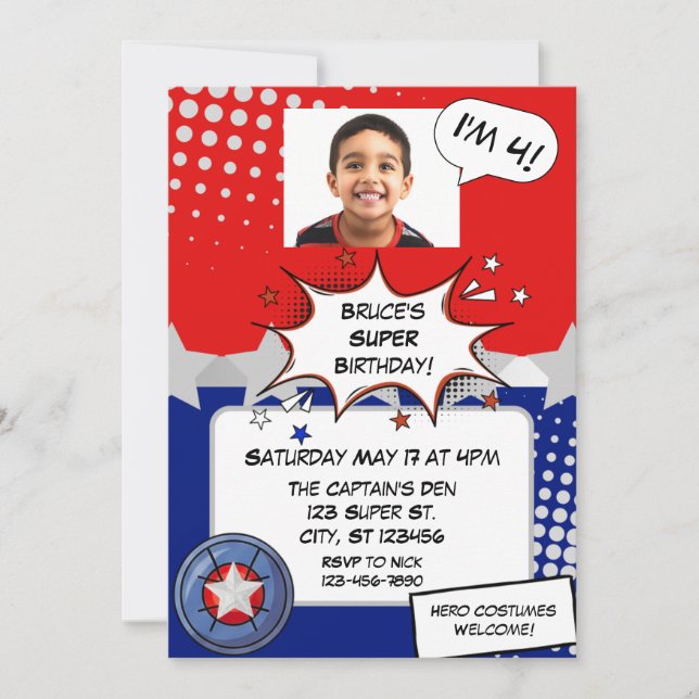Boy Superhero, red, white, silver & blue birthday Einladung (Vorderseite)