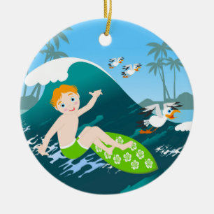 Boy surft große Welle Geburtstagsparty Keramik Ornament