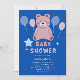 Boy Sweet Teddy Bear Blue Balloon Baby Shower Einladung