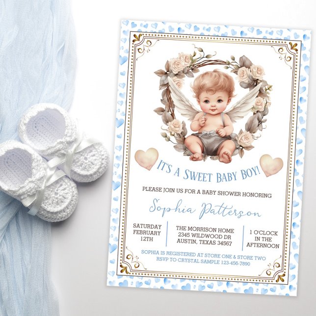 Boy Sweet Valentine Cherub Baby Dusche Einladung (Sweet baby boy baby shower invitation with cute little cherub on a blue watercolor heart background.)
