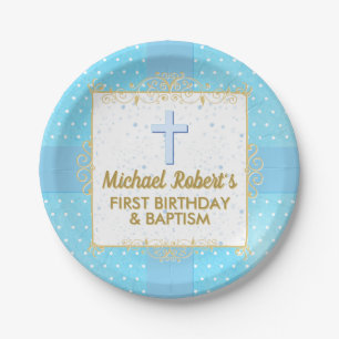 Boy Taufe 1. Geburtstag Blue Gold Text Polka Dot Pappteller