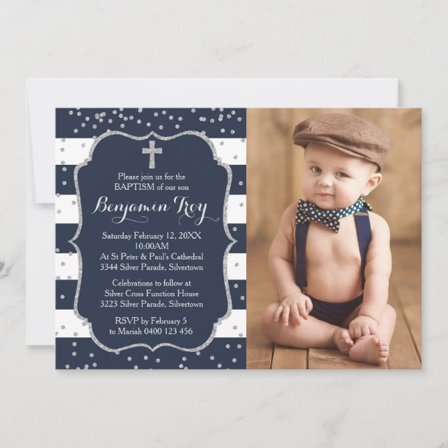 Boy Taufe Einladung Foto Card Navy Silver (Vorderseite)