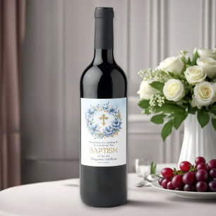 Boy Taufe Gold & Blue Aquarellblume Weinetikett