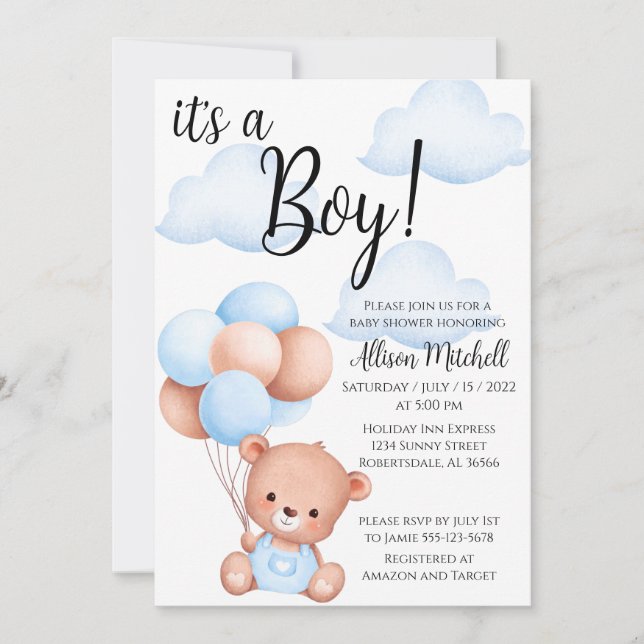 Boy Teddy Bear Baby Shower Einladung (Vorderseite)