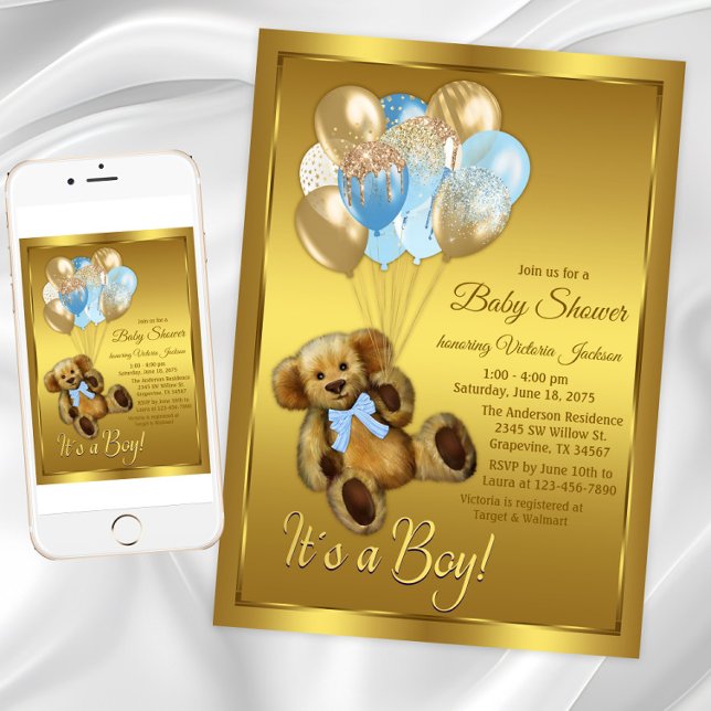 Boy Teddy Bear Balloon Baby Shower Einladung (Boy teddy bear balloons baby shower invitation. Instant download and printed invitations available.)