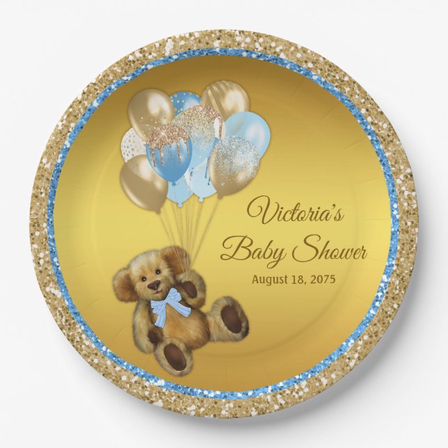 Boy Teddy Bear Balloon Babydusche Teller (Vorderseite)