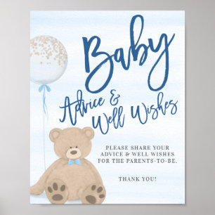 Boy Teddy Bear Blue Balloon Baby Adress Sign Poster