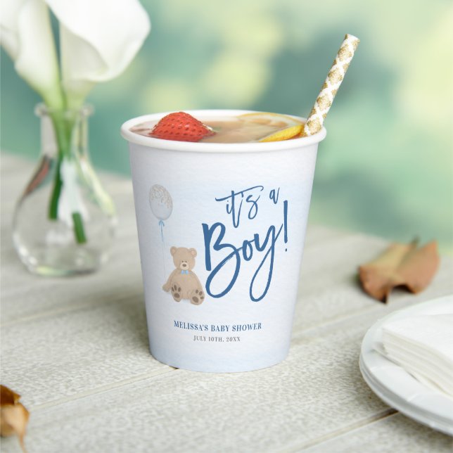 Boy Teddy Bear Blue Balloon Baby Dusche Pappbecher (In Situ)