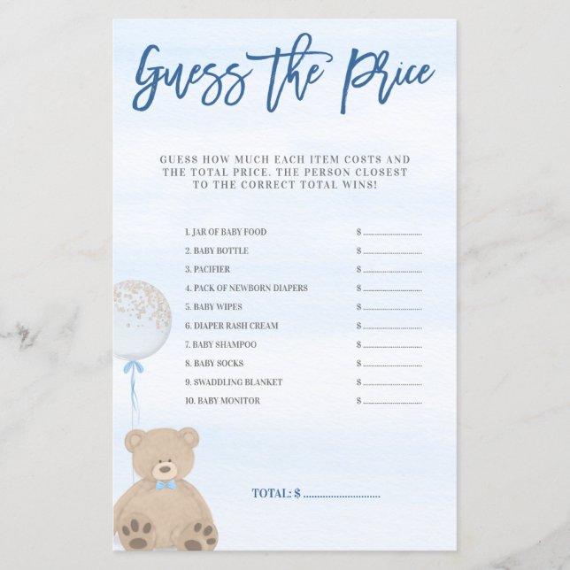 Boy Teddy Bear Blue Balloon Raten Sie das Preisspi (Vorderseite)