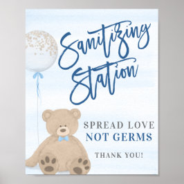 Boy Teddy Bear Blue Balloon Sanitizing Sign Poster