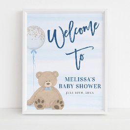Boy Teddy Bear Blue Balloon Willkommen Sign Poster