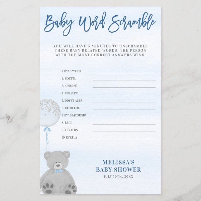 Boy Teddy Bear Blue Gray Balloon Word Scramble (Vorderseite)