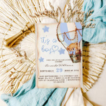 Boy Teddy Bear Blue Heißluftballon Babydusche