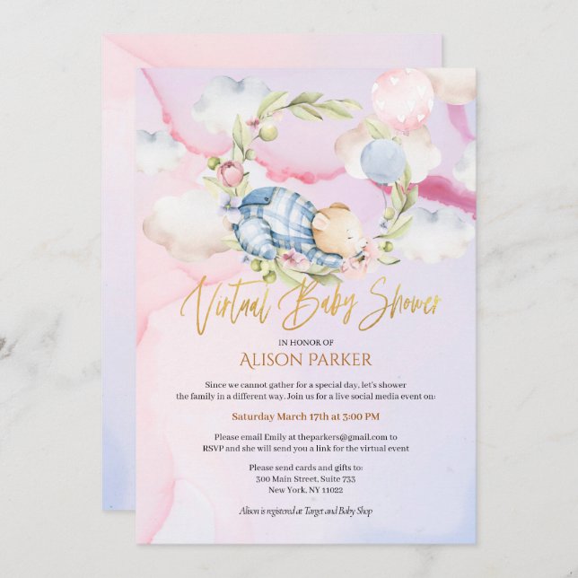 Boy Teddy Bear Niedlich Virtual Baby Dusche Einladung (Vorne/Hinten)