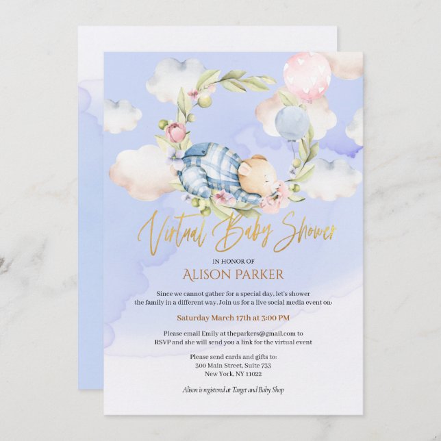 Boy Teddy Bear Woodland Virtual Baby Dusche Einladung (Vorne/Hinten)