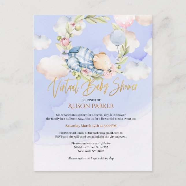 Boy Teddy Bear Woodland Virtual Baby Dusche Invita Postkarte (Vorderseite)