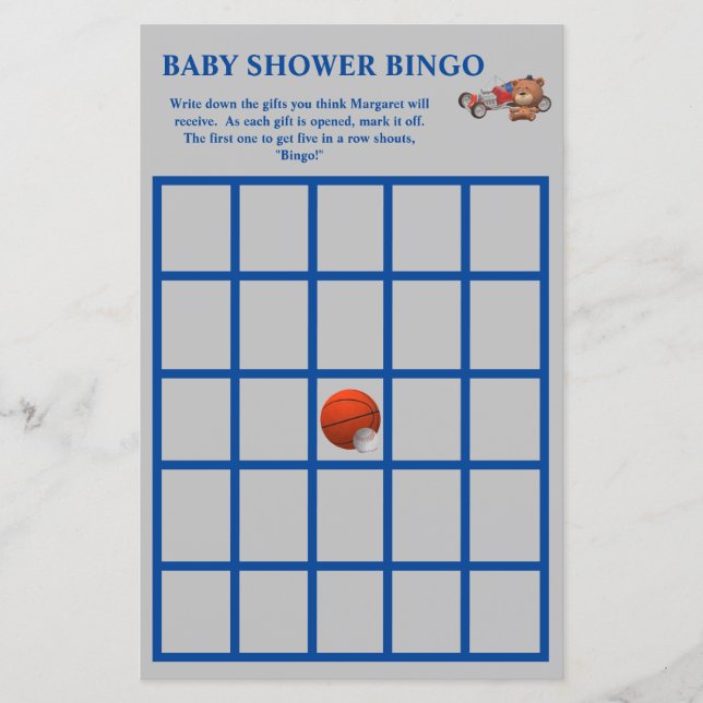 Boy Toys Themed Baby Dusche Bingo (Vorderseite)