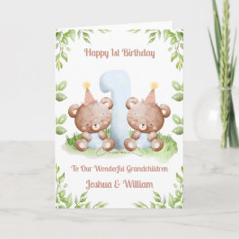 Boy Twins 1st Birthday Greenery Teddy Bear Card Karte