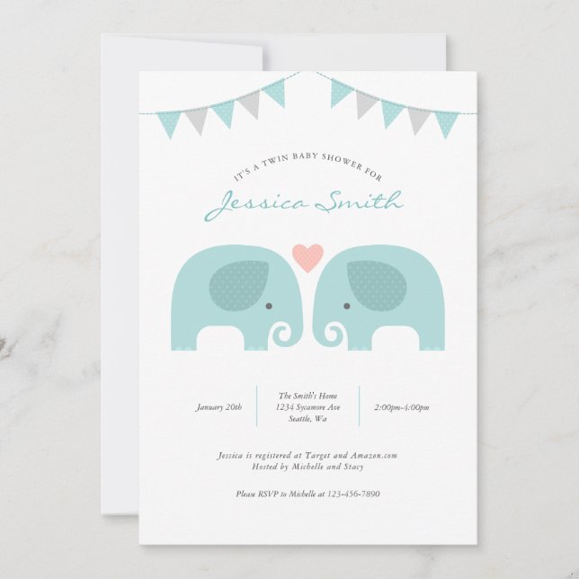 Boy Twins Elephant Baby Shower Einladung (Vorderseite)