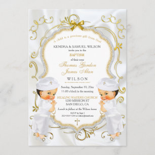 Boy Twins Taufe Christening Gold White Cross Inv Einladung
