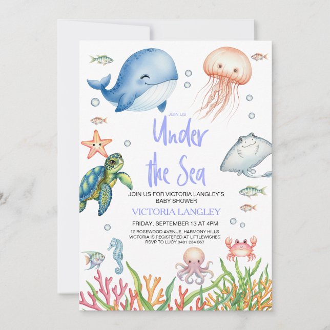 Boy Under The Sea Ocean Animals Baby Shower Einladung (Vorderseite)
