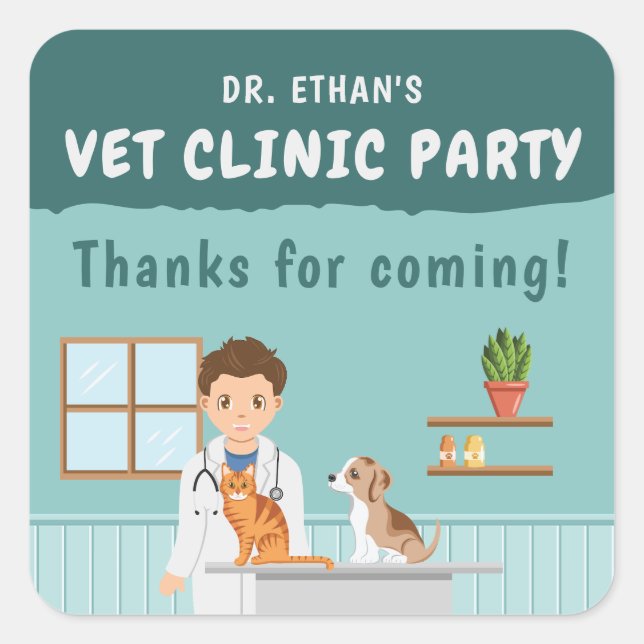 Boy Veterinarian Pet Hospital Birthday Thank You Quadratischer Aufkleber (Vorderseite)