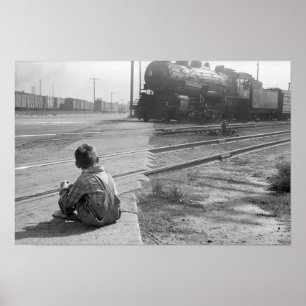 Boy Watching Trains, 1939. Vintage Photo Poster