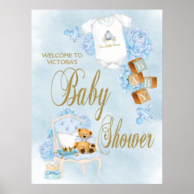Boy Watercolor Blue Gold Baby Duschzeichen Poster (Vorne)