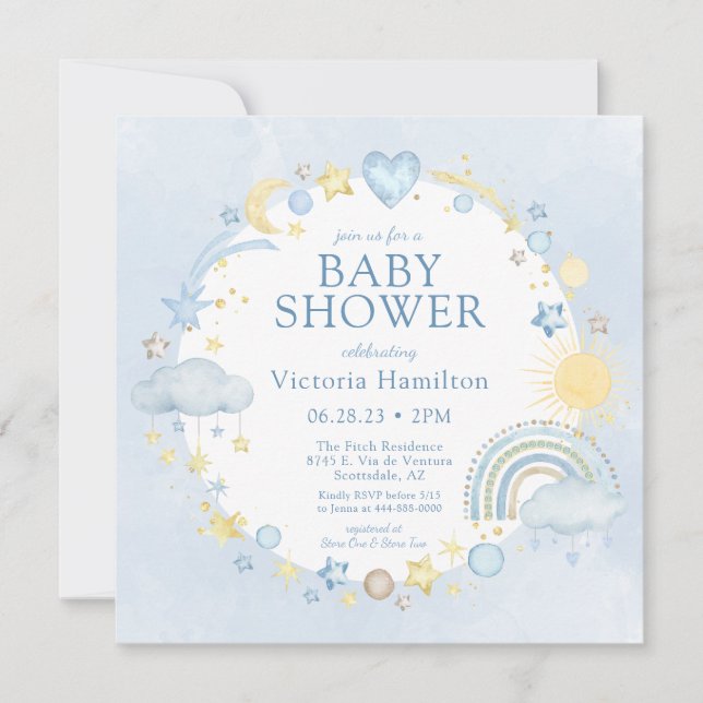 Boy Watercolor Rainbow Baby Dusche Einladung (Vorderseite)