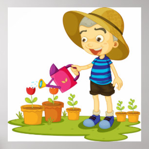 Boy Watering Pflanze Poster