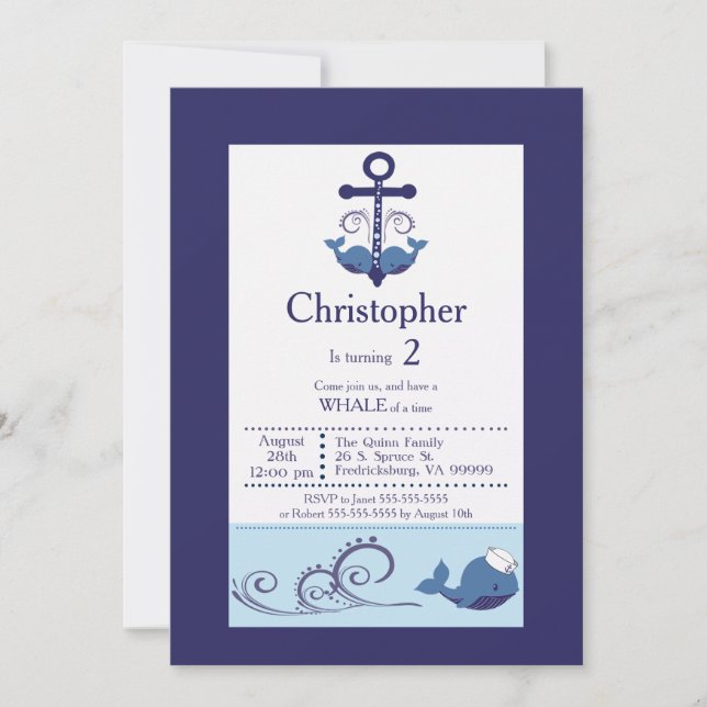 Boy Whale/Anchor Geburtstag Einladung (Vorderseite)