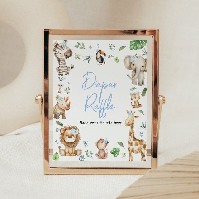 Boy Wild One Safari Baby Dusche Windeln Raffle Poster (Safari Wild One Baby Shower Diaper Raffle Sign)